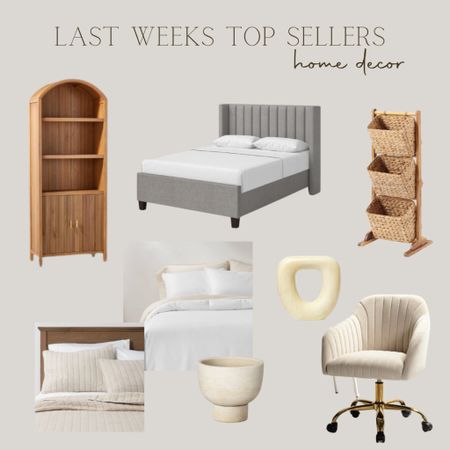 Last weeks home decor top sellers. Arch fluted cabinet, gray upholstered bed, playroom play food basket, play kitchen basket for holding play food, office chair, neutral bedding, stone sculpture, shelf decor , stone planter 

#LTKunder50 #LTKhome #LTKunder100