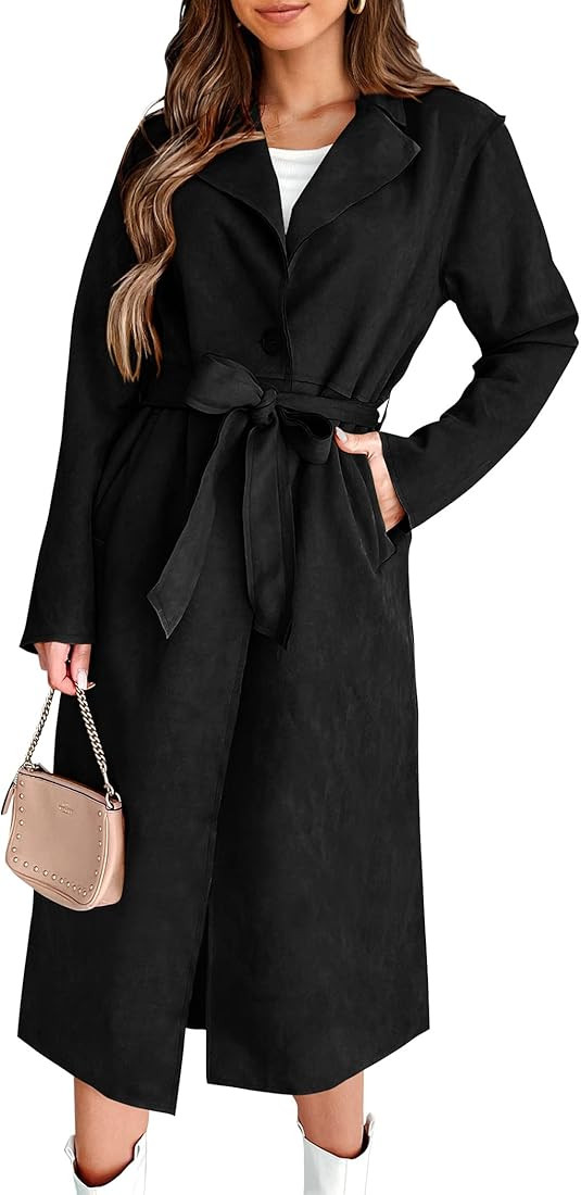 Women's 2023 Fall Fashion Overcoat Faux Suede Shacket Jacket Lapel Belted Long Trench Coats | Amazon (US)