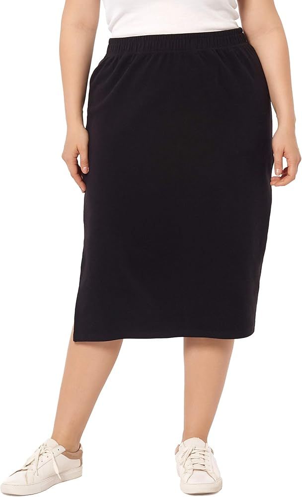ZERDOCEAN Women's Plus Size Solid Basic Below Knee Stretchy Casual Split Side Midi Skirt | Amazon (US)