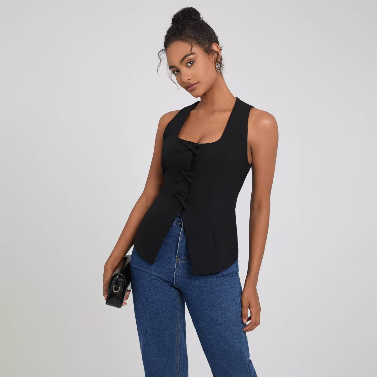 Women's Square Neck Sleeveless Front Bow Tie Closure Vest Top - A New Day™ Black XS | Target