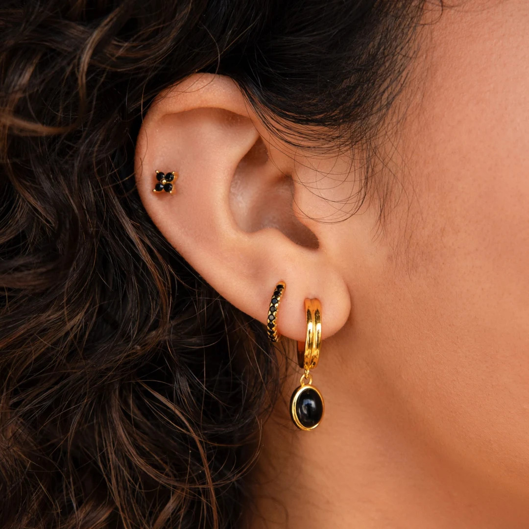 Onyx Birthstone Earrings Set by Caitlyn Minimalist Black Diamond Hoop Earrings Dainty Flower Stud... | Etsy (US)