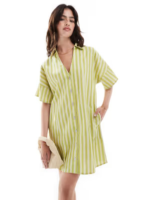 ASOS DESIGN short sleeve linen boxy mini shirt dress in green stripe | ASOS (Global)