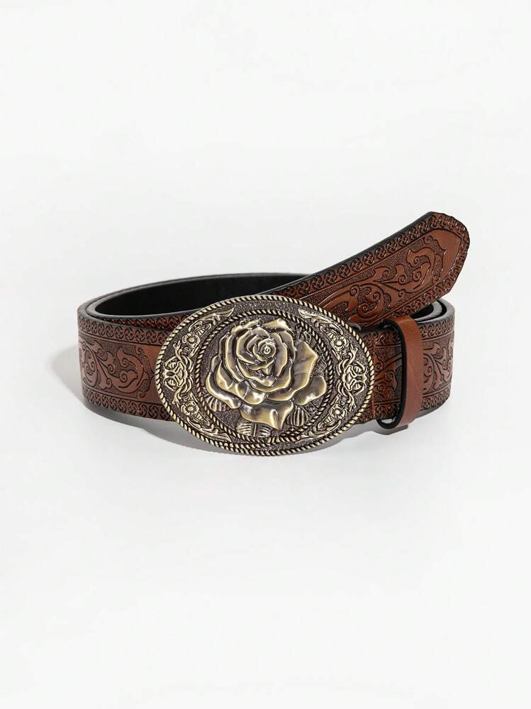 1pc Retro Brown Dragon Pattern Rose Buckle PU Leather Belt Valentine's Day Valentines Summer, School Fall, Autumn, Halloween | SHEIN