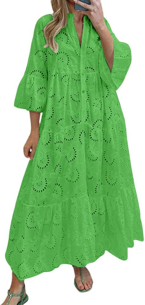 Women's 2026 Lace Eyelet Embroidery Maxi Dress V-Neck Trumpet Sleeve Boho Flowy Swing Dress | Amazon (US)