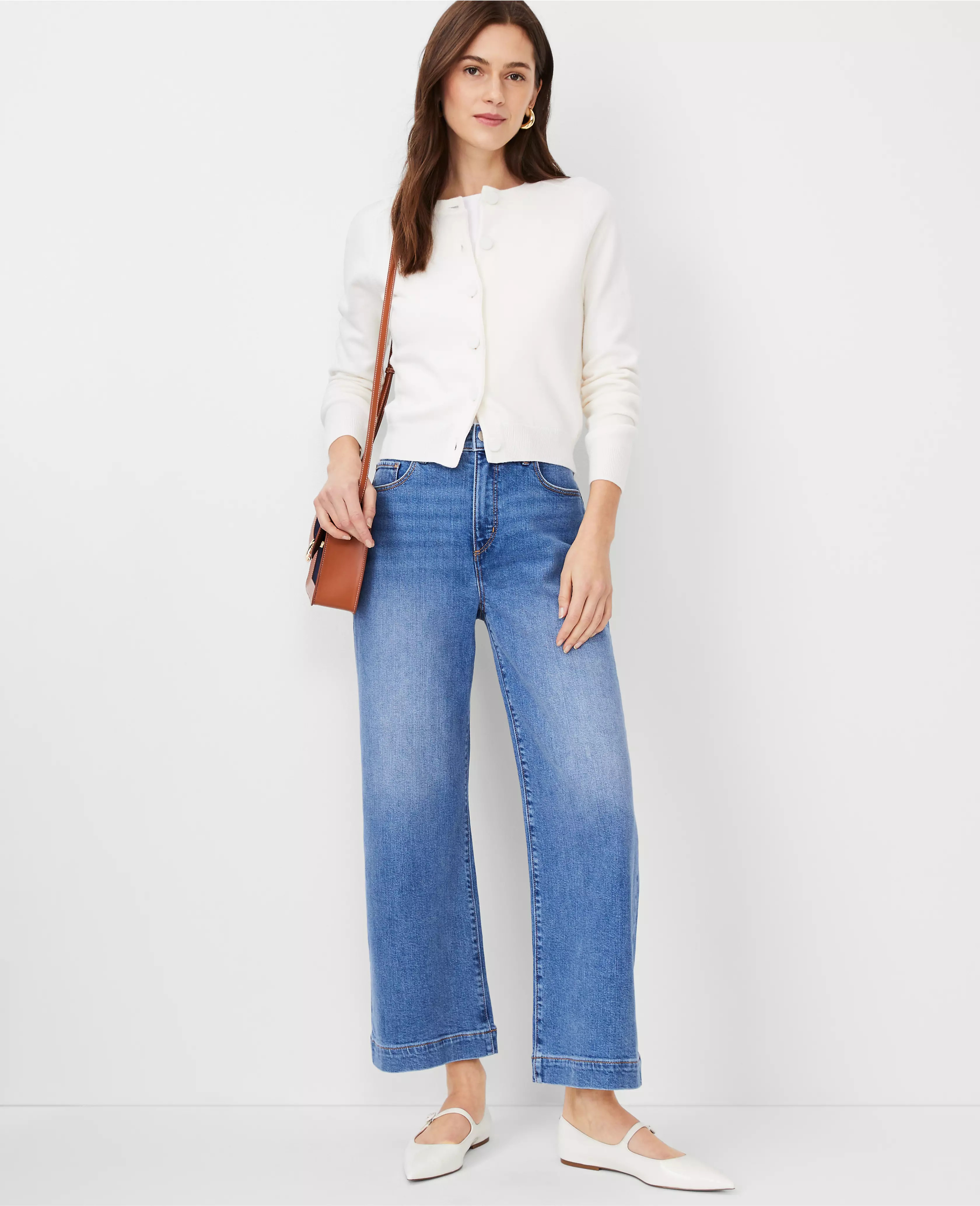 AT Weekend High Rise Wide Leg Crop Jeans in Medium Stone Wash | Ann Taylor (US)