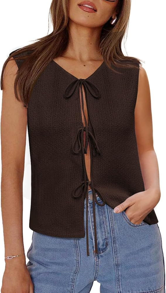 Yousify Women’s Tie Front Sweater Vest 2025 Summer Sleeveless Crochet Knit Tops Lightweight Car... | Amazon (US)