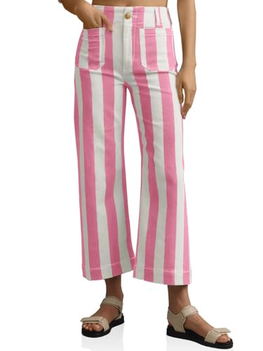 Tankaneo Womens Cropped Striped Jeans Casual High Waisted Stretchy Straight Leg Denim Pants with Pockets Pink | Amazon (US)
