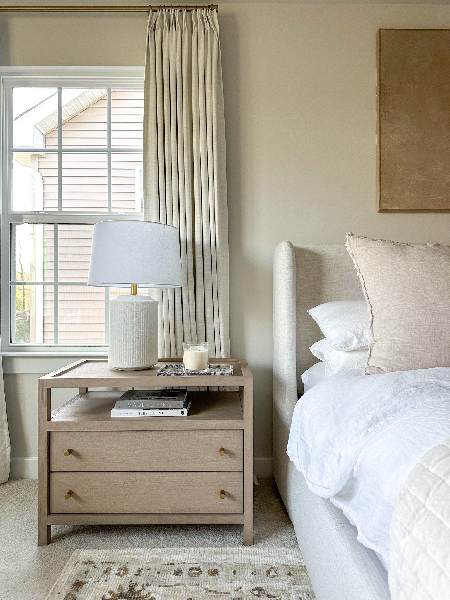 Lamp and nightstand pairing. Stacked books, marble tray and candle for the styling. 
#nightstand #lamp #curtains #marbletray #candle

#LTKHome