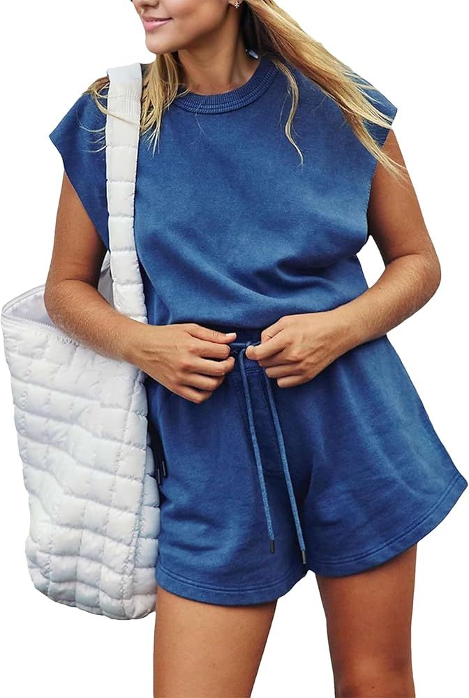 Women's Summer Short Rompers Casual Sleeveless Romper Adjustable Waist Drawstring One Piece Jumps... | Amazon (US)