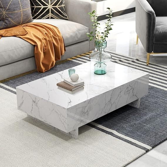 COSVALVE Living Room Rectangle High Gloss Coffee Table, Modern Living Room Table, Marble Print Li... | Amazon (US)