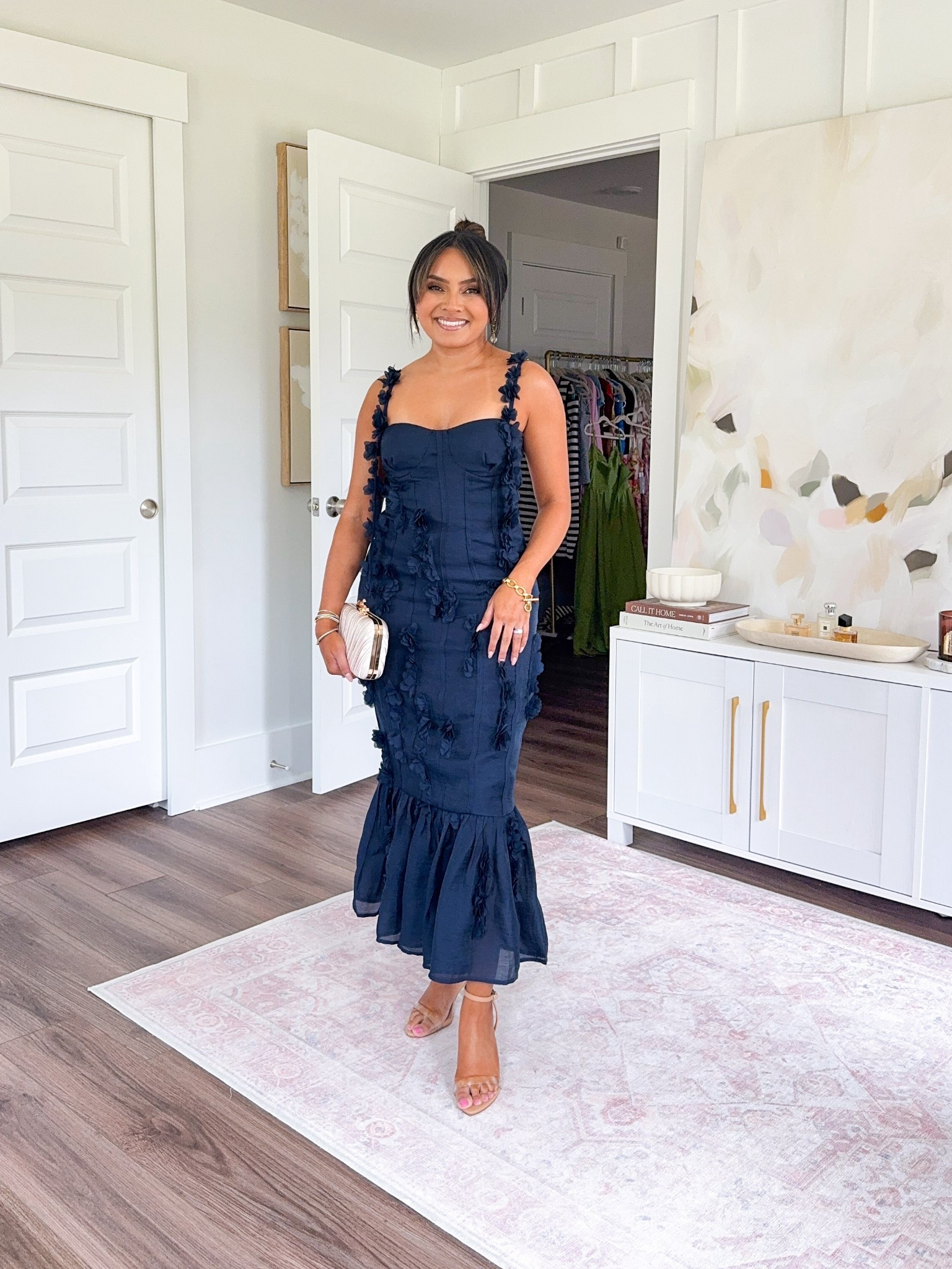 Navy dress size small - sized up a size for room in the hips
Clear heels size 5 TTS



#LTKStyleTip #LTKPetite #LTKWedding