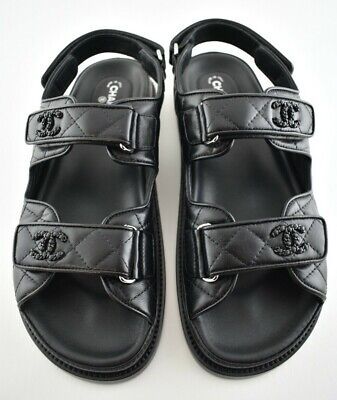 Chanel Black Leather Quilted Chain CC Logo Mule Slide Strap Flat Dad Sandal 36  | eBay | eBay US