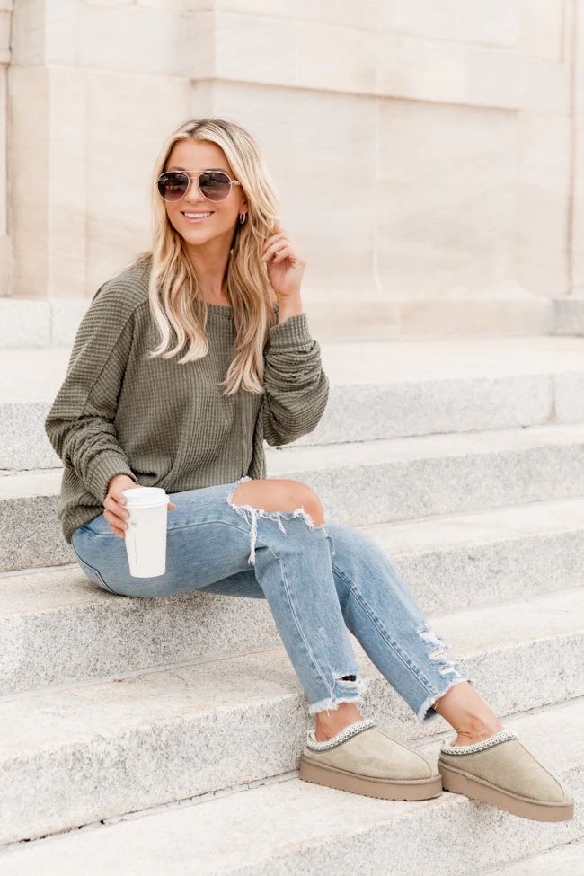 There's Something About You Olive Boat Neck Waffle Pullover | Pink Lily