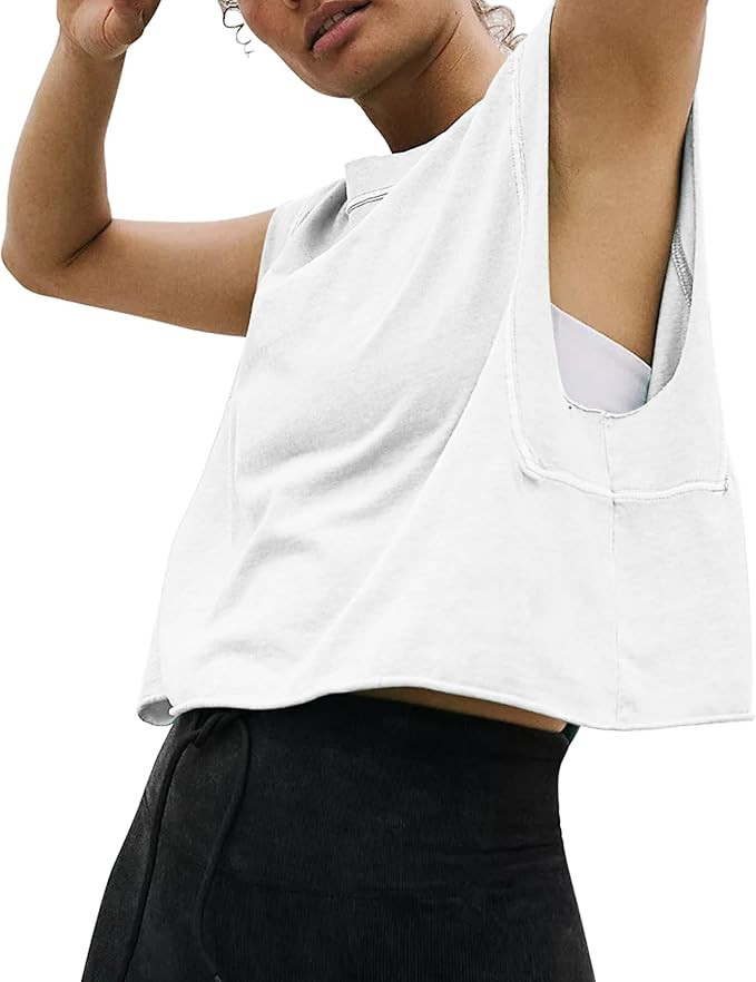 HUGOOME Women Workout Tank Tops Oversized Crop Sleeveless Tee Loose Fit Boxy Basic Yoga Active Su... | Amazon (US)