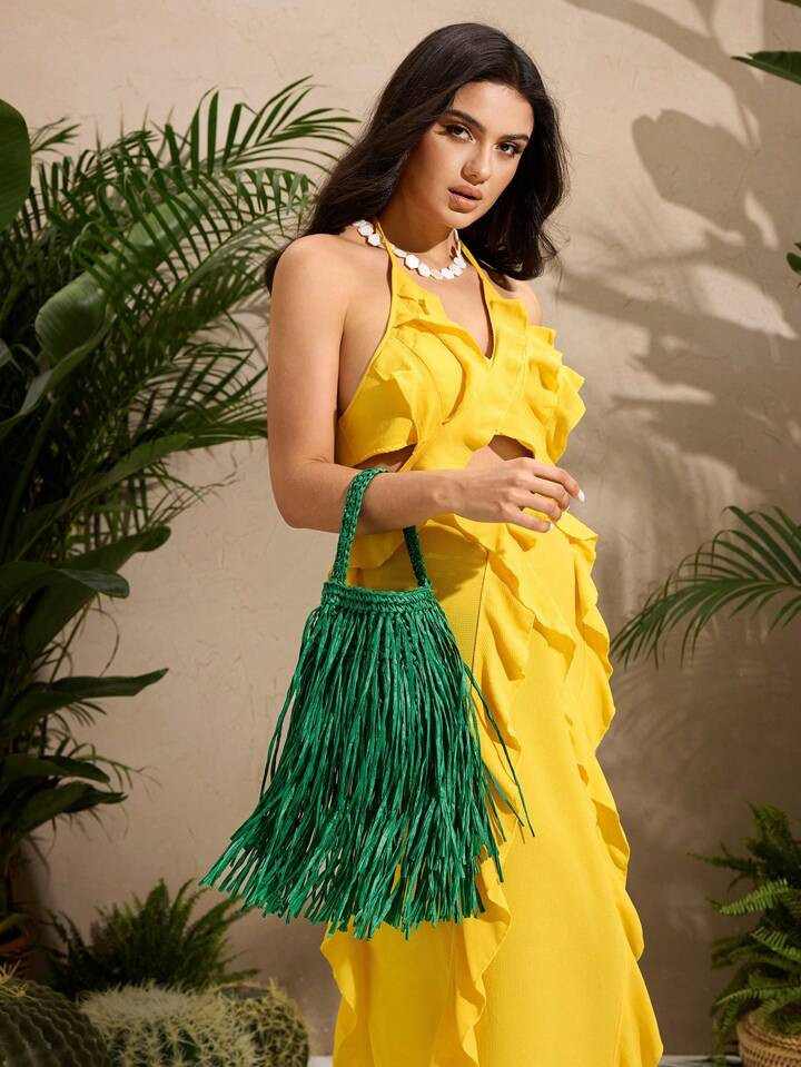 SHEIN SXY Ladies, Women Top Handle Bags, Straw Bag, Tassel, Fashionable, Elegant, Simple, Personalized, Green, For Beach, Vacation, Holiday, Summer, Seaside | SHEIN