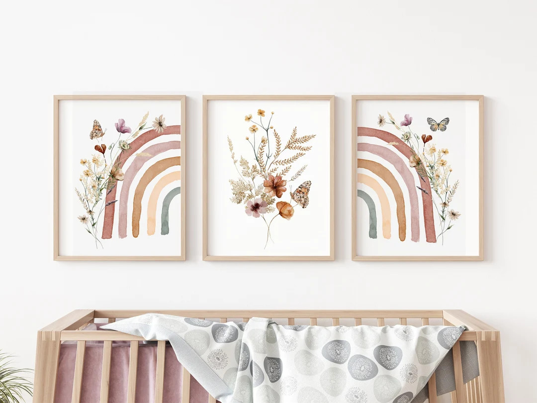 Boho Rainbow Set of 3 Nursery Art Prints, Girl WILDFLOWERS Nursery Wall Art, Nursery Decor,Baby R... | Etsy (US)