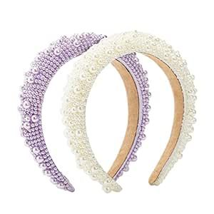 2 Pack Crystal Headbands for Women, Padded Pearl Headband (Lavender, White) | Amazon (US)