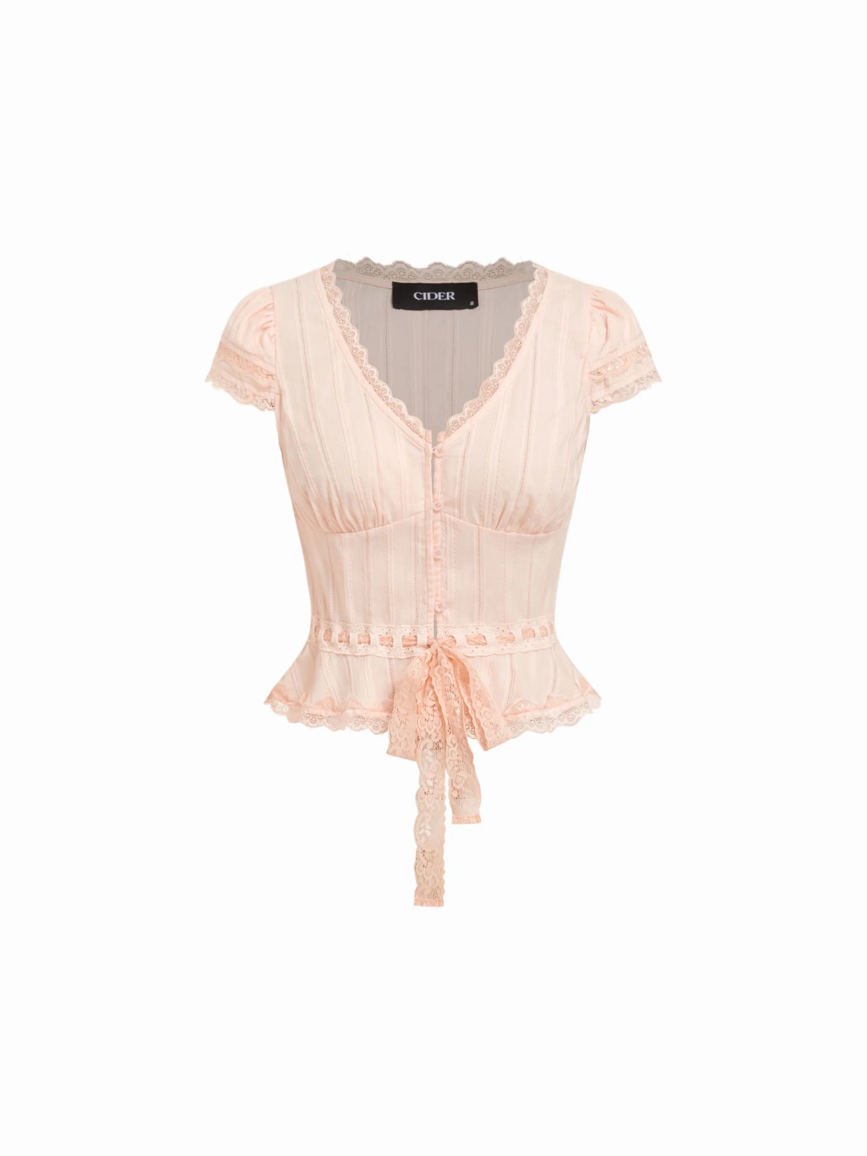 Cotton 100% Cotton V-neck Puff Sleeve Lace Knotted Crop Blouse For Daily Casual | Cider