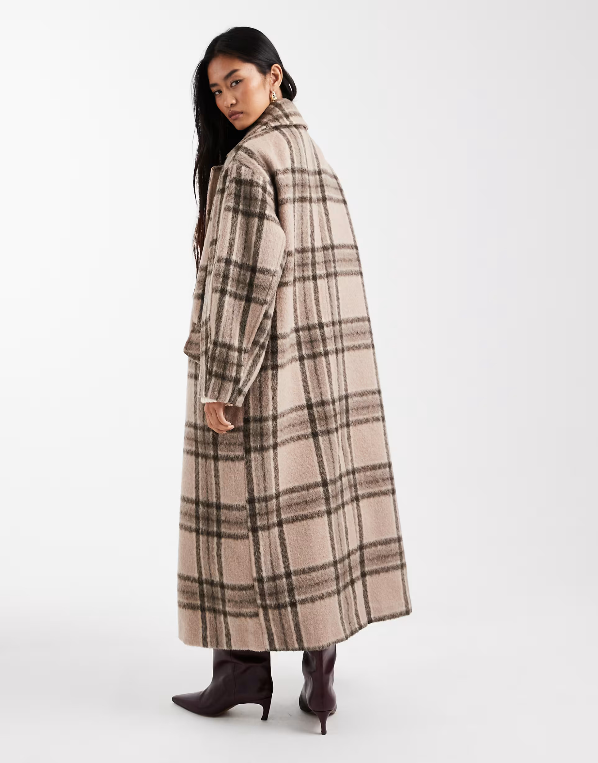 ASOS DESIGN brushed formal throw on coat in stone plaid | ASOS (Global)