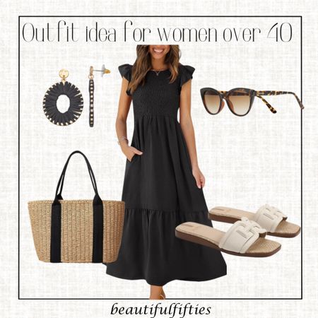 Outfit idea for women 
Dress, drawstring handbag, sandals, sunglasses, raffia earrings, summer outfit, travel outfit, spring outfit, vacation outfit 

#LTKstyletip #LTKover40 #LTKtravel