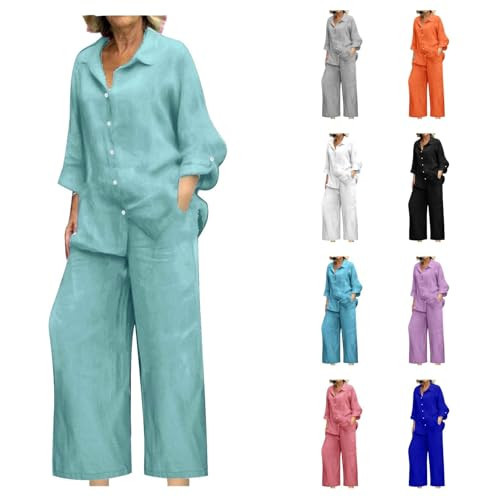 Button Down Long Sleeve Shirts Wide Leg Cotton Linen Pants Set Plus Size Matching Lounge Sets with Pockets Beach Vacation Outfits Clothing Linen Sets for Women 2 Piece Mint Green Xx-Large | Amazon (US)