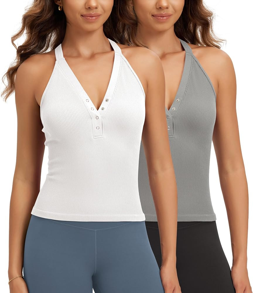 ODODOS 2-Pack Seamless Henley Crop for Women Open Back Ribbed Tank Button-up Cropped Top | Amazon (US)