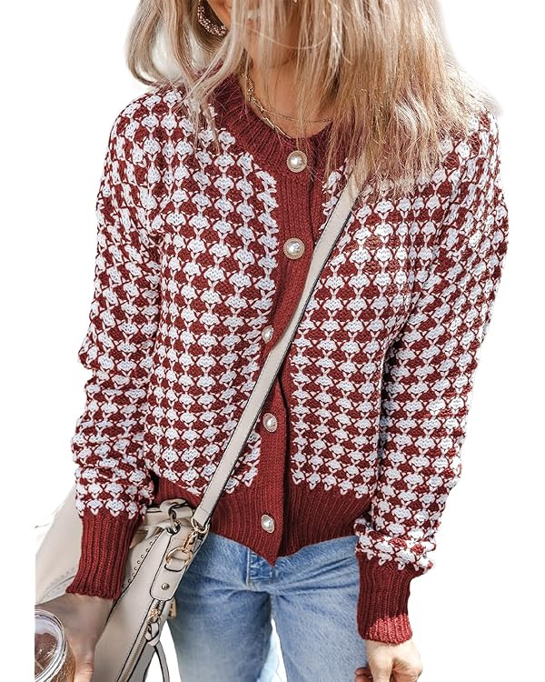 Dokotoo Cardigan Sweaters for Women V Neck Button Down Long Sleeve Plaid Knit Cardigans Sweater T... | Amazon (US)