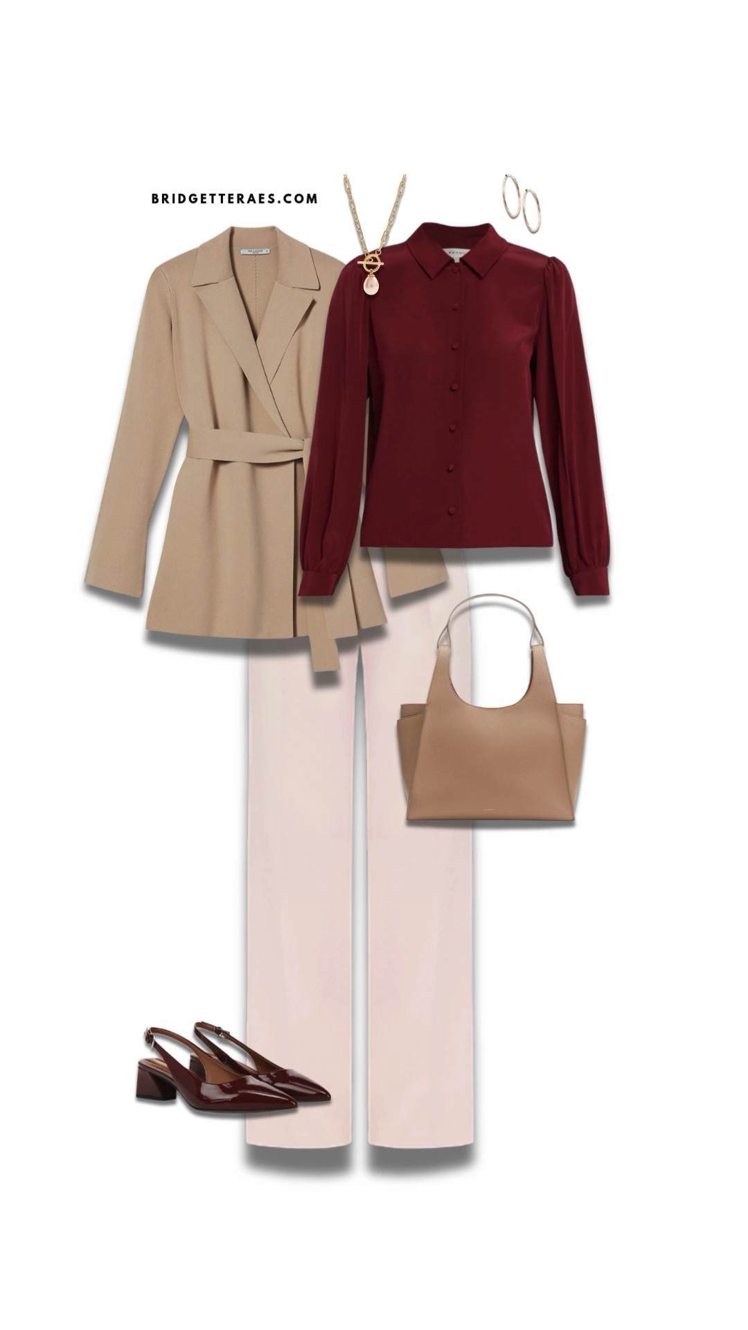 The tailored belted blazer defines the waist and adds structure, layered over a deep burgundy blouse that brings warmth and confidence to the palette. Wide-leg blush trousers elongate the silhouette while keeping the look light and refined, and tonal accessories create a seamless, cohesive finish. The glossy burgundy heels echo the top for a thoughtful, pulled-together detail, while gold jewelry adds a subtle touch of shine. It’s a timeless, feminine outfit that feels confident, intentional, and effortlessly chic.

#LTKOver40 #LTKWorkwear #LTKootd