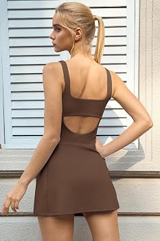 QINSEN Women's Tennis Dress Square Neck Low Back Cutout Workout Dress Built in Shorts Side Slit G... | Amazon (US)