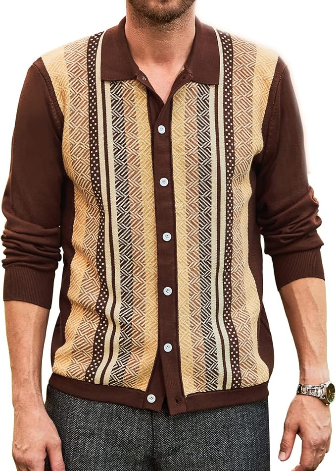 Men’s Short Sleeve Knit Shirt Vintage Stripe Lapel Collar Polo Shirt | Amazon (US)