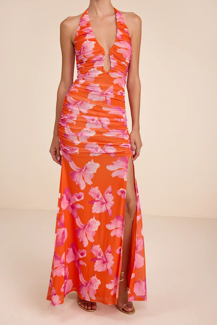 Fiametta Orange and Pink Floral Ruched Maxi Dress | Lulus