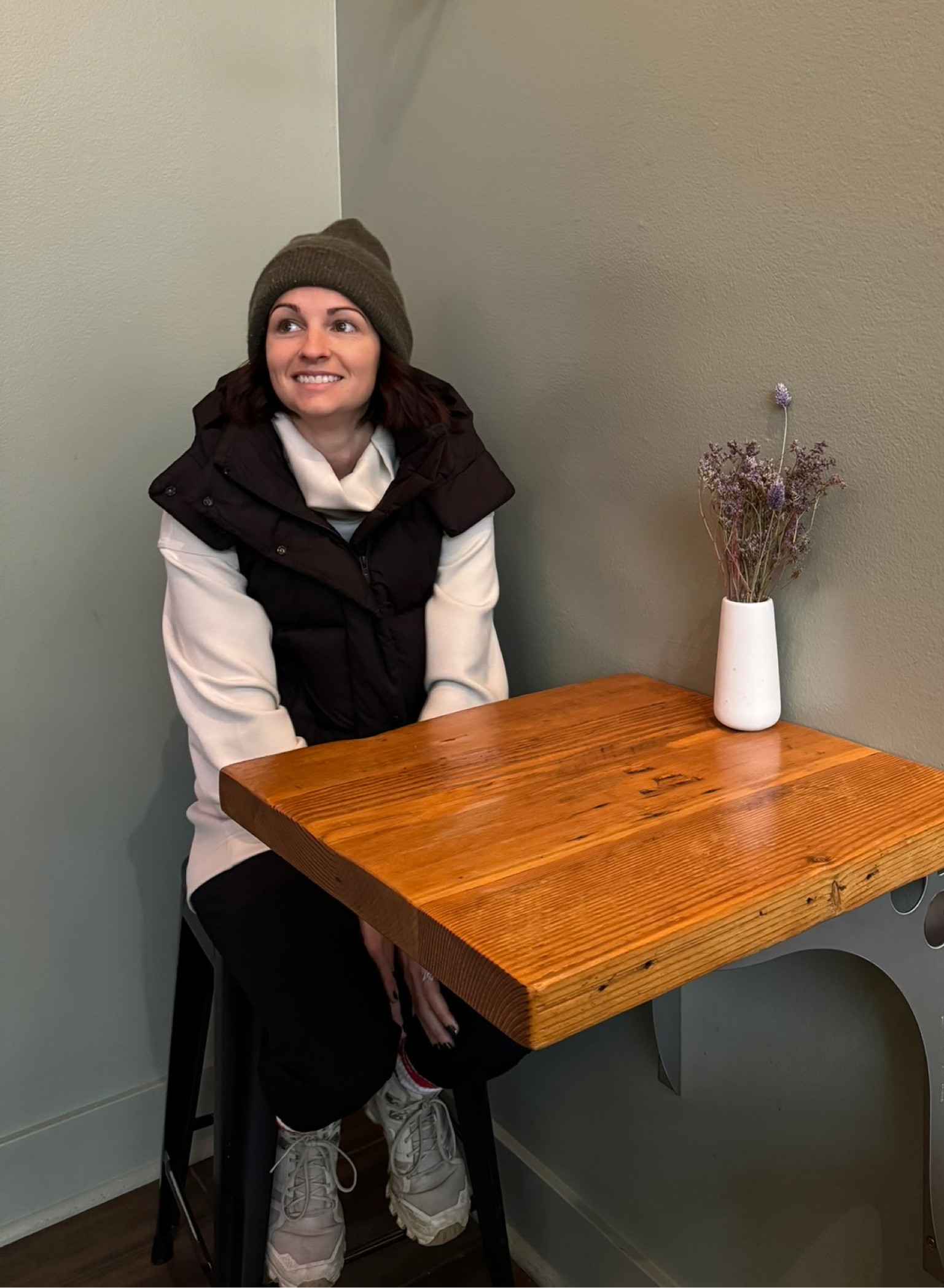 Coffee shop hangs in the middle of winter. 
Puffer Vest | Sweater | leggings - Lululemon 
Hat - Anian 
Boots - On Running 

#LTKfitness #LTKSeasonal #LTKtravel