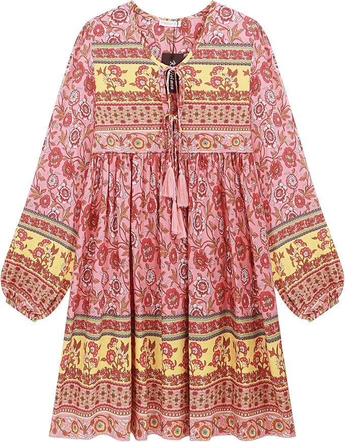 R.Vivimos Womens Long Sleeve Floral Casual Print Cotton Mini Tunic Dress | Amazon (US)