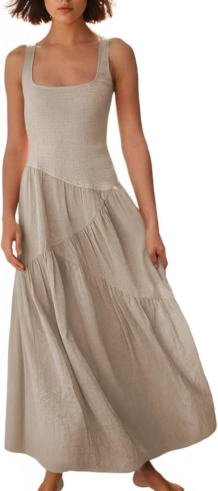Women's Summer Maxi Dress: 2024 Square Neck Sleeveless Dresses Casual Smocked Tie Back Sundress | Amazon (US)