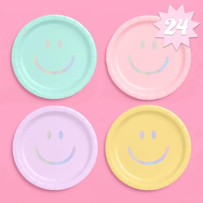 xo, Fetti Smiley Paper Plates - 24 pk, 9" | Happy Pastel Birthday Party Decorations, Cute Bachelo... | Amazon (US)