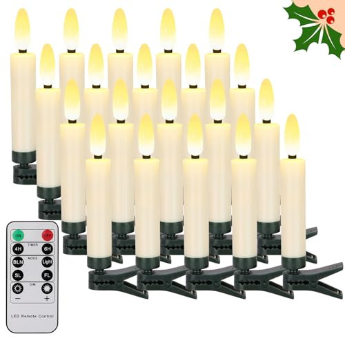 FPOO 20 PCS Christmas Tree Candles Lights Flickering,Clip on Candle Battery Operated Taper Candle Stick with Timer,Mini Flameless Candles for Wreath Candelabra Waterproof Outdoor | Amazon (US)