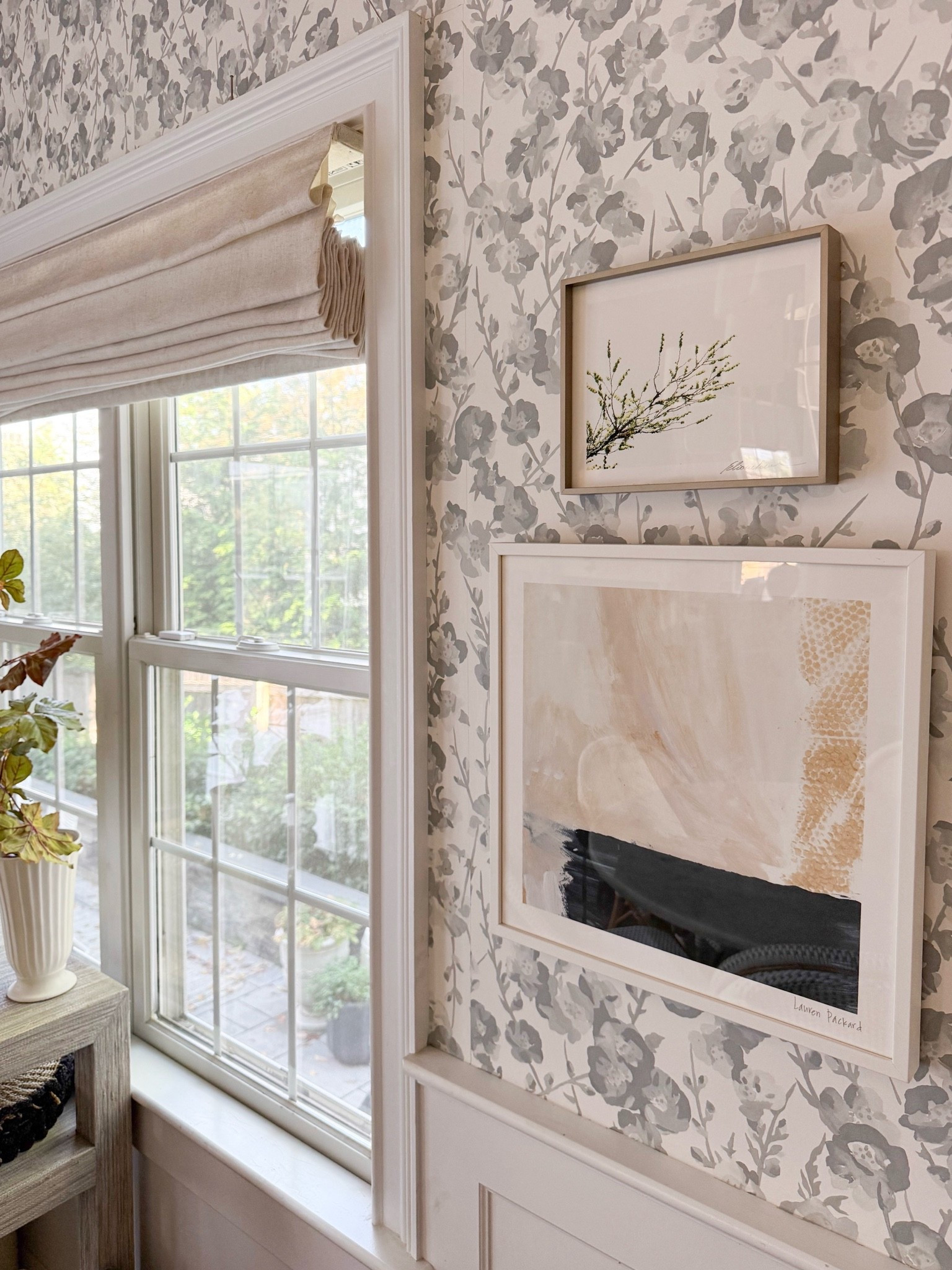 I love mixing different styles of artwork to create a gallery wall that feels collected over time. These framed prints pair beautifully with the soft blue floral wallpaper, bringing in subtle color and personality without overwhelming the space.

gallery wall ideas, framed wall art, abstract art prints, botanical wall art, blue floral wallpaper, living room wall decor, neutral artwork, modern coastal home, classic home decor, collected interiors, wall art inspiration, girlonthehudson