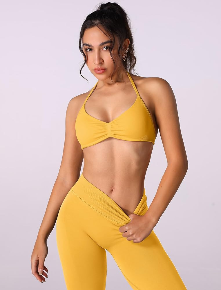 ABOCIW Workout Sets for Women 2 Piece Seamless Halter Sports Bra Scrunch Butt High Waist Leggings... | Amazon (US)