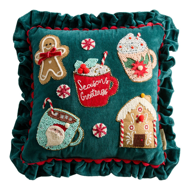 Dark Green Velvet Hot Cocoa Ruffled Beaded Throw Pillow | World Market