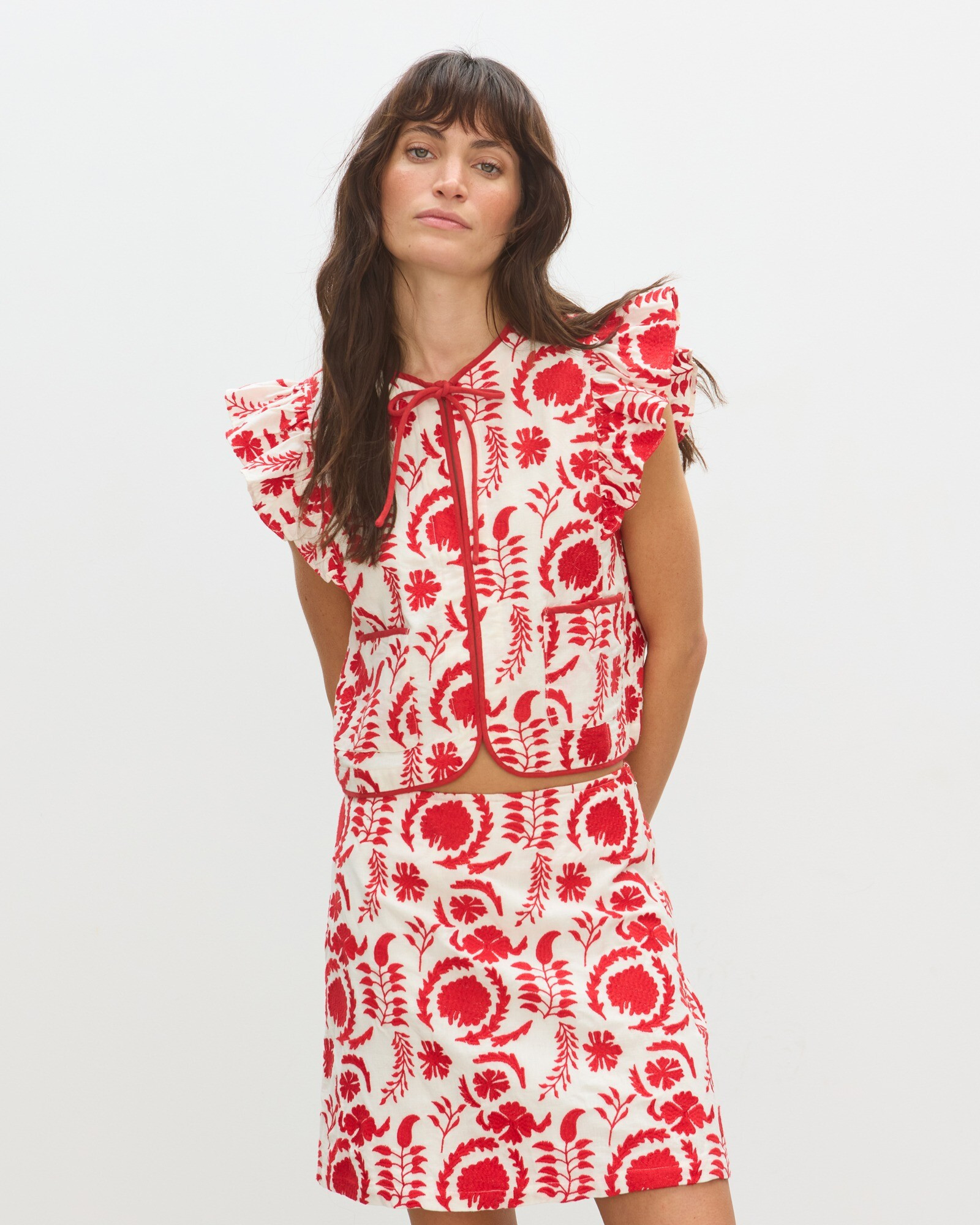 White & Red Floral Embroidered Sleeveless Jacket | Oliver Bonas | Oliver Bonas (Global)