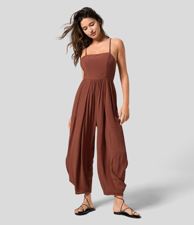 Spaghetti Strap Backless Lace Up Plicated Side Pocket Resort Jumpsuit | HALARA