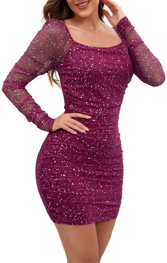 Mxrag Women's Square Neck Sparkly Dress Knitted Mesh Long Sleeve Open Back Ruched Short Homecomin... | Amazon (US)
