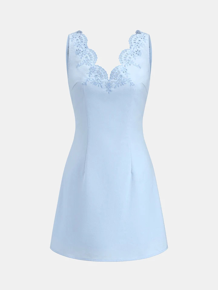 Linen Blend Embroidered Sleeveless Mini Dress | Commense
