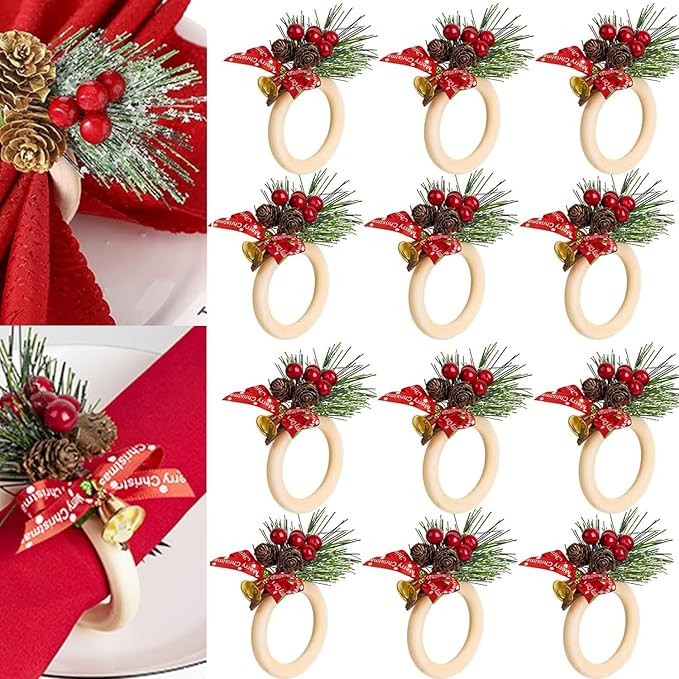 Christmas Napkin Rings Set of 12, Pinecone Buckles with Red Berry, Xmas Napkin Ring Holders for C... | Amazon (US)