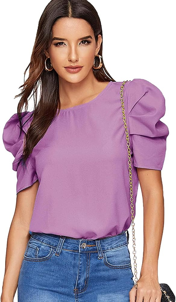 Floerns Women's Round Neck Short Puff Sleeve Keyhole Back Blouse Tops | Amazon (US)