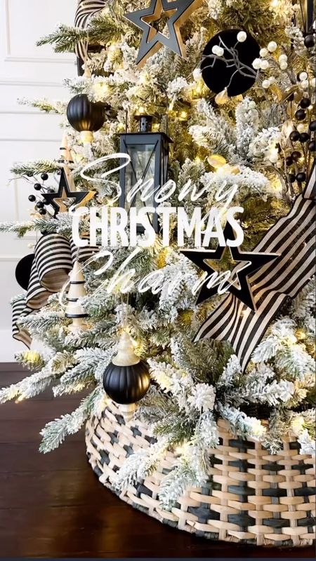 I’m absolutely in love with every snowy branch of this tree decked out in black and neutral decor!  Black Christmas ornaments, neutral Christmas tree, black and tan Christmas decorations, black mirrored star tree topper, black and tan ribbon, black lantern, modern farmhouse Christmas tree, flocked Christmas tree

#LTKhome #LTKSeasonal #LTKHoliday