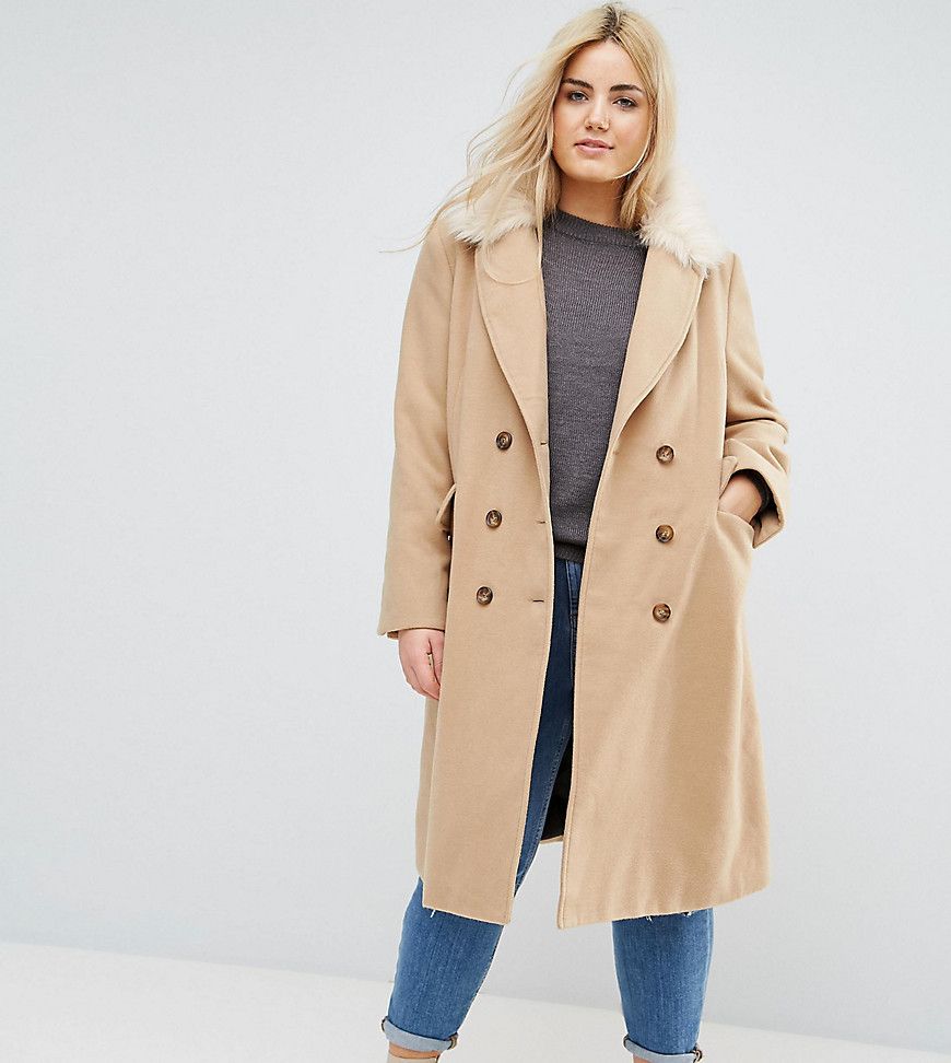 Brave Soul Plus Ashwich Double Breasted Coat With Faux Fur Collar - Beige | ASOS US