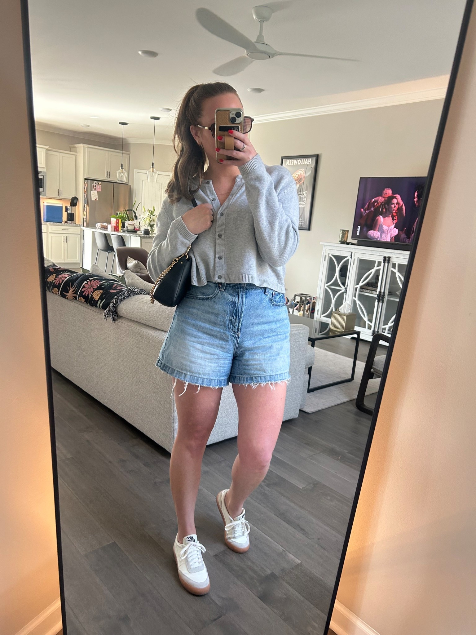 Cropped grey cardigan/ tts wearing a medium 
A line short / tts wearing a 29
Black shoulder bag 
White sneakers 

#LTKootd #LTKdayinmylife #LTKActive