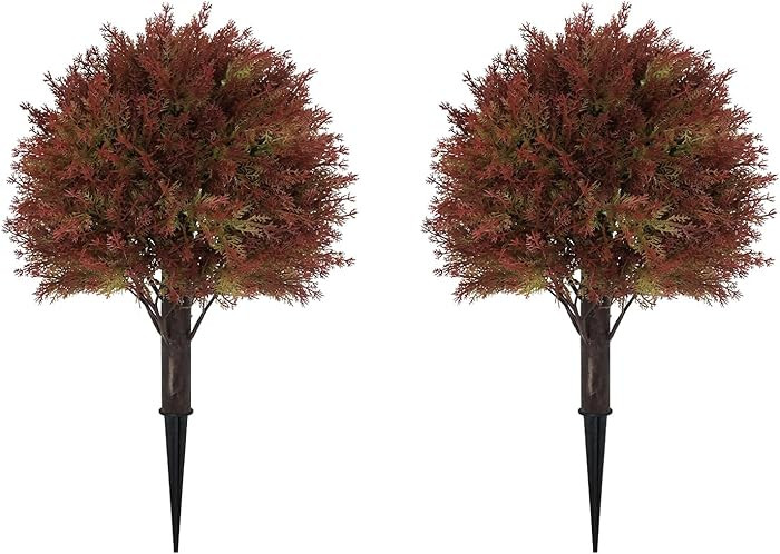 24" Fall Cedar Topiary Trees Artificial Outdoor, Set of 2 Faux Bushes and Shrubs with Ground Spik... | Amazon (US)