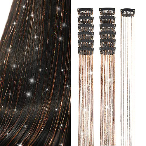 Brown Hair Tinsel 12Pcs Clip in Hair Tinsel Extensions 20.5 Inch Fairy Hair Tinsel Kit for Girls Women Glitter Hair Accessories for Christmas Halloween Cosplay Party (Champagne) | Amazon (US)